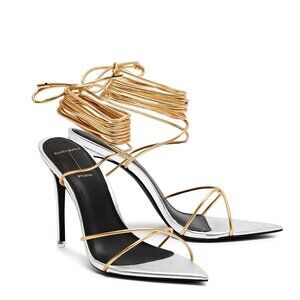 Black Suede Studio Talia Heel Pointy Sandal in Silver Gold 39 New with Box Women